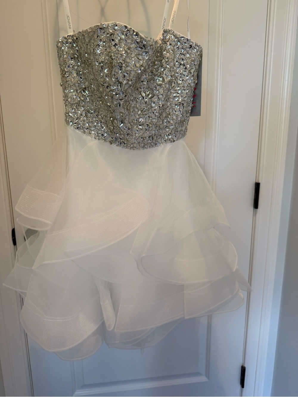 Sttapless Jovani White and Silver Crystal Tiered Organza Girls Dress Never Worn.